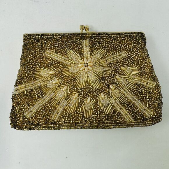 Gold Evening Bag beaded 7”‎ Kiss Lock Vintage - Picture 9 of 9